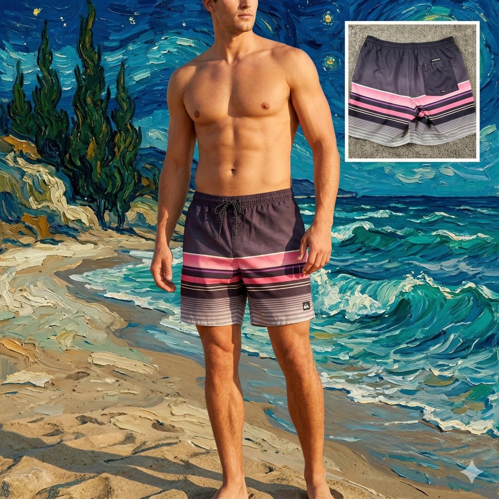 Quiksilver Mens Board Shorts Pink Purple Striped Swim Trunks Large Elastic Waist